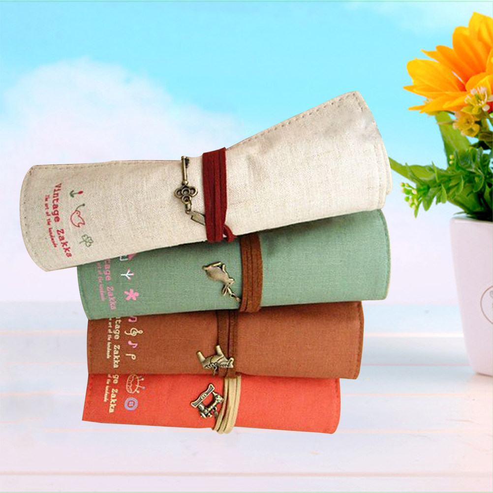 Pen Pouch Roll - 4Pcs Retro Canvas Pencil Bag Roll